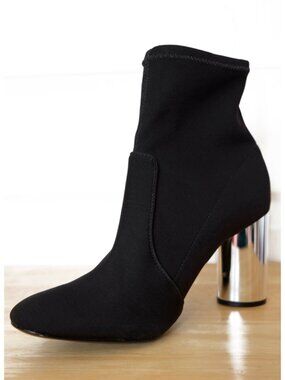 Schutz black ankle sock boots with chrome block heels
